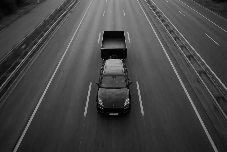 Zwart-witfoto van bovenaf: een auto met een BW-aanhangwagen op een lege autosnelweg.